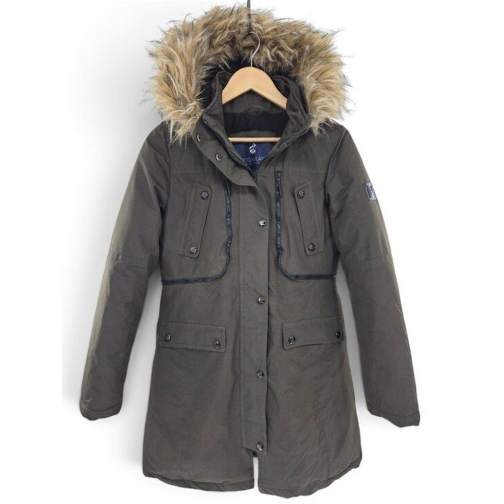 Rocawear Parka Jacket Womens Size Medium Olive Green Faux Fur Hood Utility Coat